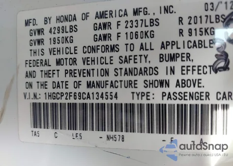 2012 Honda Accord 2.4 Se z USA, uszkodzony, nr VIN 1HGCP2F69CA134554